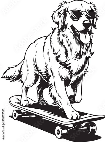 Fototapeta Golden Retriever with Sunglasses Riding Skateboard Black and White Vector Illustration.