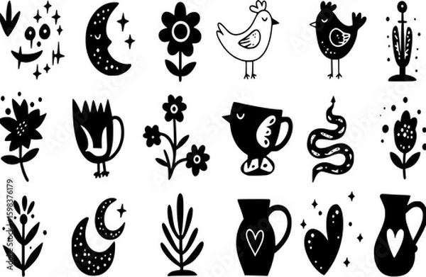 Fototapeta Various abstract elements. Cat, bird, flower, snake, cup, moon, heart, jug. Quirky shapes. Hand drawn doodles. Contemporary trendy Vector illustration. Set of black icons. All elements are isolated Se