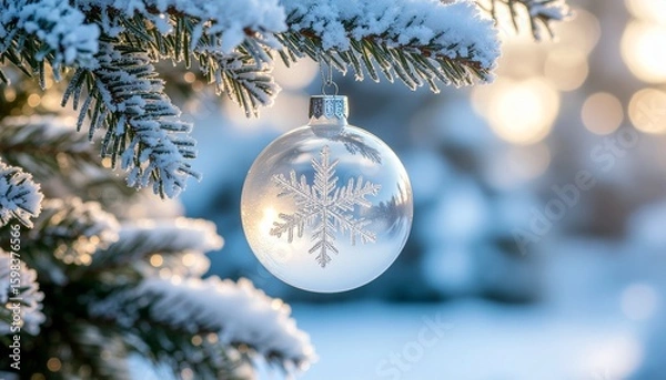 Fototapeta Close-up macro shot of a frosted glass Christmas ornament hanging on a tree branch, detailed ice crystals sparkling under gentle light, rich texture.