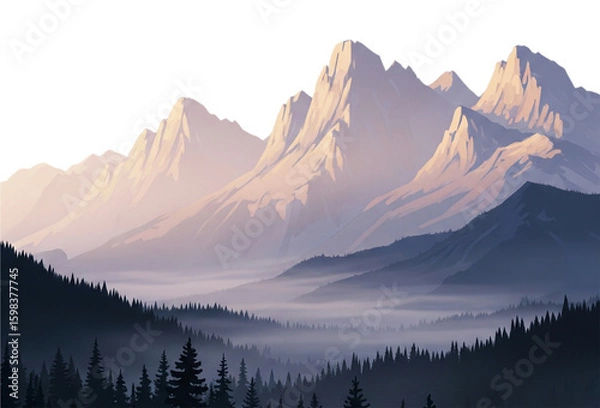 Obraz Serene Misty Mountain Range at Dawn:  Vector Illustration, Peaceful Landscape, Soft Colors, Tranquil Mood.