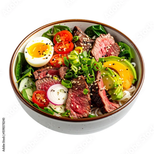 Fototapeta Gourmet floating noodle bowl with beef slices, vegetables, and boiled egg, PNG