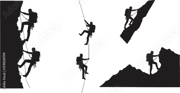 Fototapeta Vector art of silhouettes of climbers scaling mountains with ropes, highlighting adventure, teamwork, and the pursuit of achievement isolated on white background