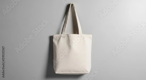 Fototapeta A simple canvas tote bag hangs against a neutral gray wall