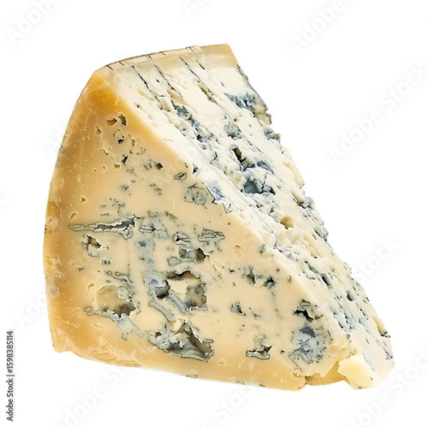 Fototapeta A wedge of blue cheese with a crumbly texture and distinctive blue veining.