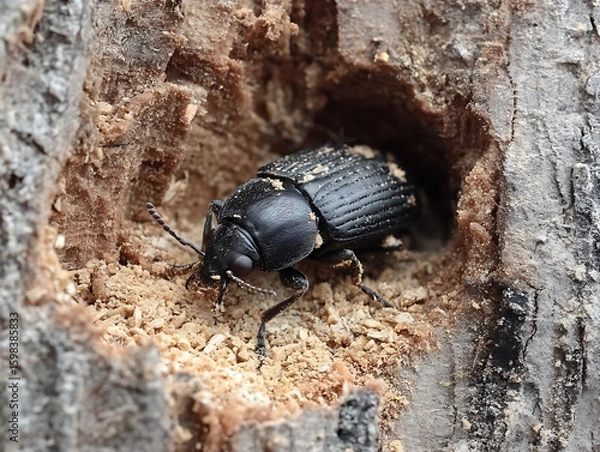 Fototapeta A black beetle emerges from a hole in a tree trunk, showcasing its natural habitat