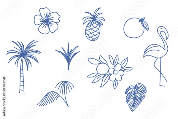 Obraz Doodle Tropical Exotic Fruit, Flamingo Bird and Palm Tree Outline Contour Icon Set. Funny Cute Decorative Simple Symbol Silhouette. Travel Resort Party Card Decoration.