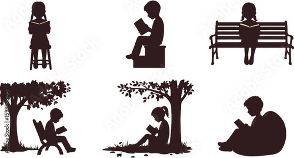Fototapeta Vector art of a series of silhouette illustrations of children reading books in outdoor settings, isolated on white background