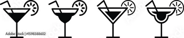 Fototapeta Black Cocktail Drink Icons with Citrus and Straws
