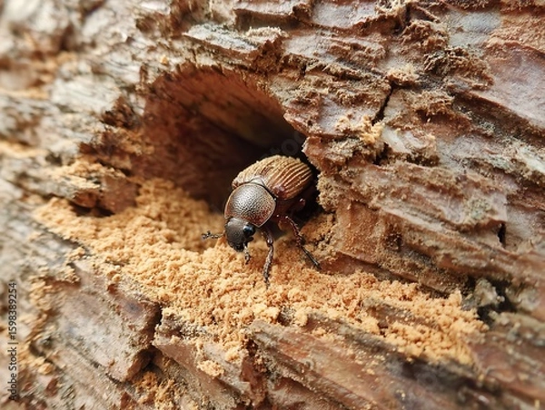 Fototapeta A brown beetle emerges from a hole in a tree trunk, surrounded by sawdust and bark
