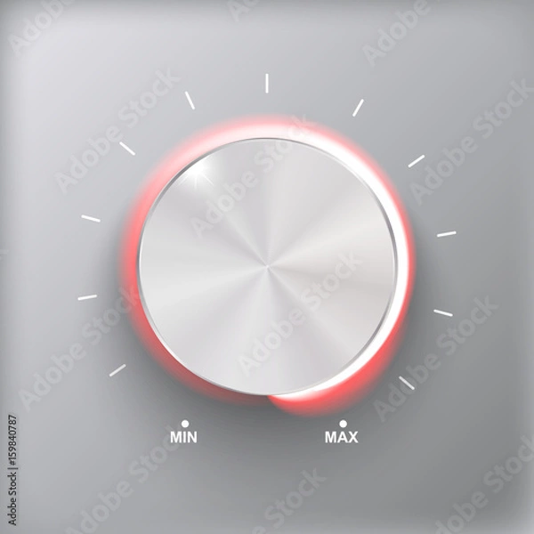 Fototapeta Volume button, sound control, music knob with metal texture and number scale isolated on gray background