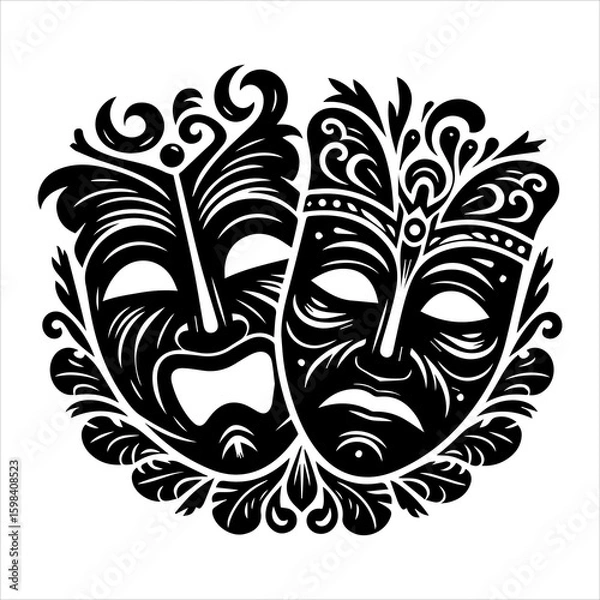 Obraz Black silhouette of theater comedy and tragedy mask  in white background