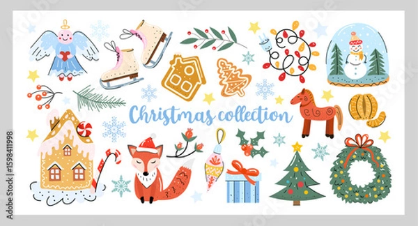 Fototapeta Christmas vector set with gingerbread house, fox, tree, wreath, cookies, skates, gifts, snow globe and cute festive elements. Hand drawn, colorful and cozy winter collection.