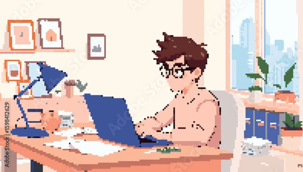 Fototapeta Pixelated Person Working at Desk with Laptop Near Window