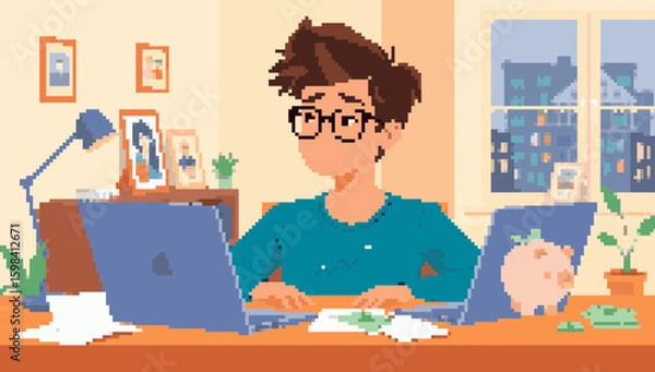 Fototapeta Pixel Art: Man Working at Desk with Two Laptops