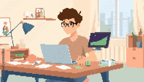 Fototapeta Pixelated Man Working on Laptop at Desk with Money