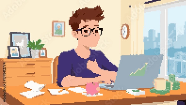 Fototapeta Pixelated Digital Nomad Making Money From Home While Working