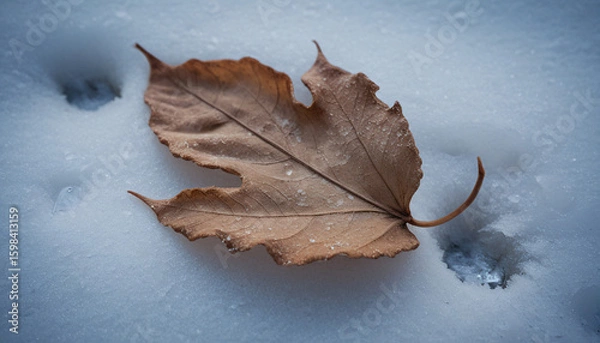 Obraz brown maple leaf resting on fresh snow