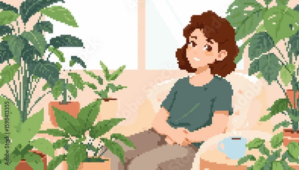 Fototapeta Pixel Art Girl Surrounded by Plants Relaxing on Couch