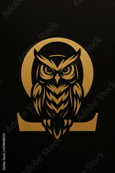 Fototapeta Golden owl illustration: A majestic bird of prey perches within a circular emblem, rendered in an elegant metallic gold on a dark backdrop.