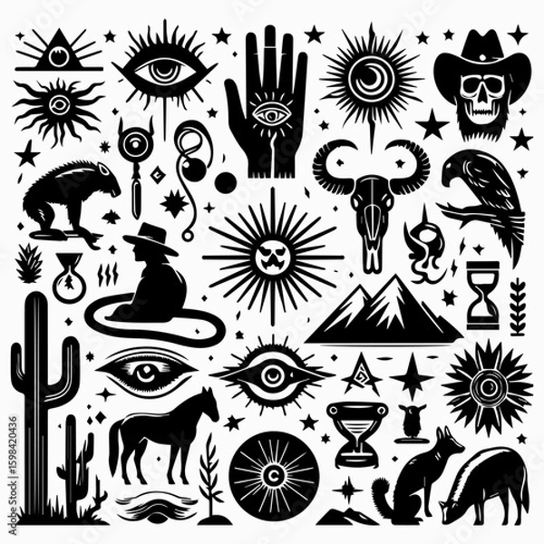 Fototapeta Vintage western and mystical themed icon collection