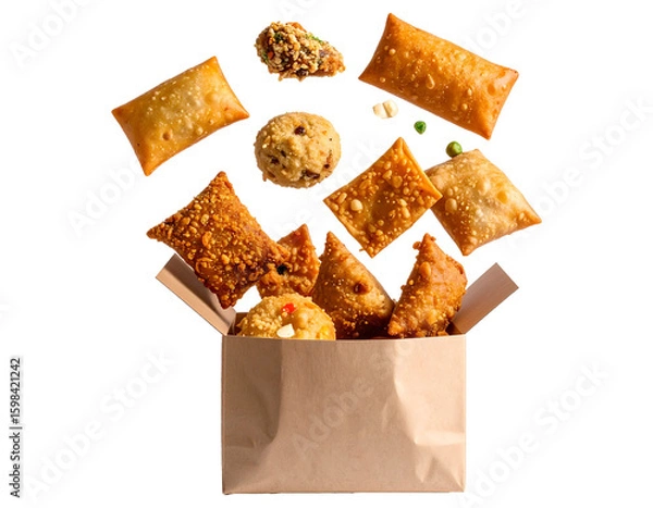 Fototapeta Floating Indonesian fried snack (gorengan) assortment in brown paper wrapping, PNG