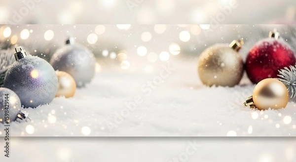 Fototapeta Christmas ornaments in gold, silver, and red scattered on white snow with blurred bokeh lights in the background.