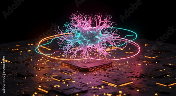 Obraz Digital Neuron in Data Realm: A glowing digital neuron, central to the intricate circuits of artificial intelligence, rests on a circuit board, representing innovation and neural science.