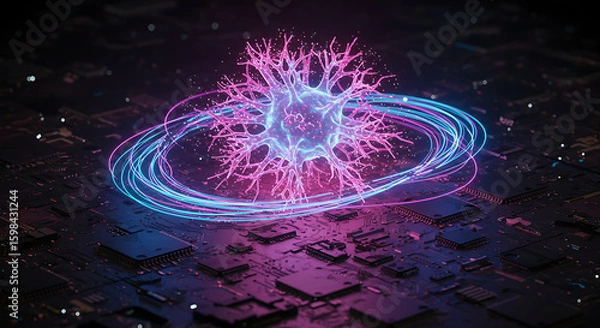 Obraz Digital Neuron: A futuristic view of a glowing neuron nestled amidst a network of circuits. This vibrant image evokes the essence of the human mind and the relentless advancement of technology.