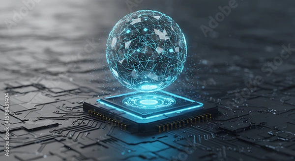 Obraz Digital Fusion: A captivating display of technological innovation, where a glowing sphere of data floats above a meticulously crafted microchip.