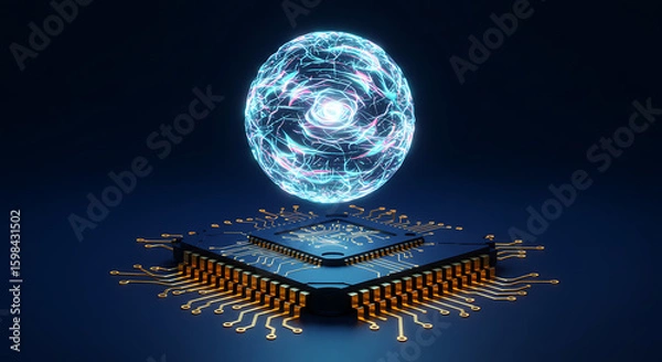Obraz Brain on Chip: Captivating visualization of a luminous brain sphere resting atop a computer chip, epitomizing the synergy of artificial intelligence and technology.