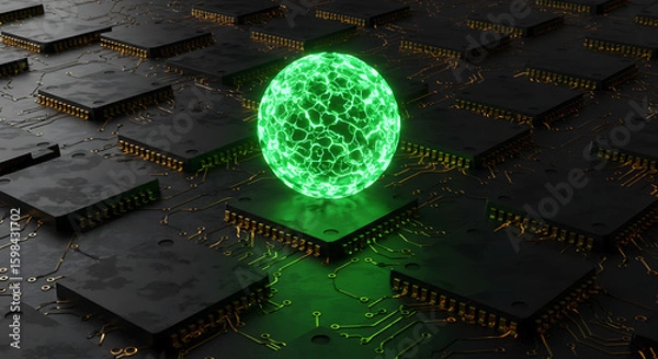 Obraz Sphere of Innovation: A captivating image showcases a radiant, energy-infused green sphere nestled among a grid of intricate computer chips, symbolizing advanced technology.