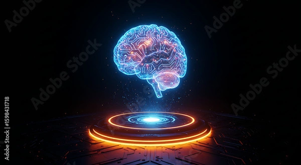 Obraz Digital Brain Hologram: a luminous digital brain hologram floats above a glowing platform, showcasing the intricate complexity of the human mind against a dark background.