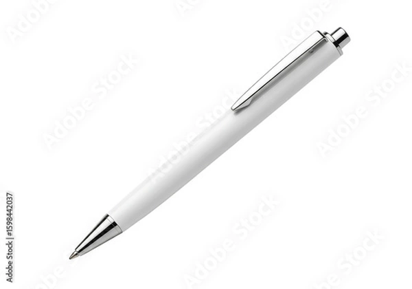 Fototapeta Elegant white ballpoint pen with a silver clip, realistic mockup. Isolated on transparent background, png