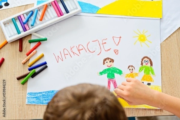 Obraz Wakacje obrazek namalowany pastelami przedstawiający szczęśliwą rodzinę na plaży