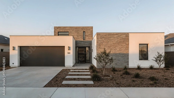 Fototapeta Modern architecture of a residential home featuring contemporary design elements including stone veneer and minimalist landscaping under clear sky