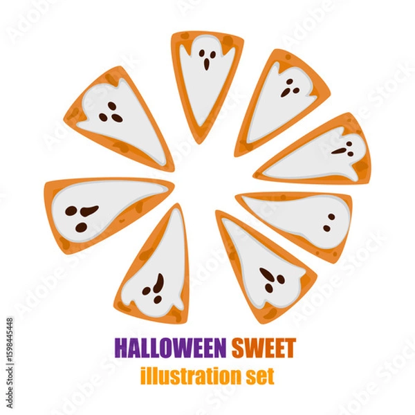 Fototapeta Cute Halloween pie decorated with ghost faces arranged in a circle. Fun and spooky dessert vector illustration. Perfect for holiday menus, decorations, spooky holiday graphics on a white background.