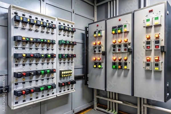 Fototapeta A row of electrical panels with many buttons and switches
