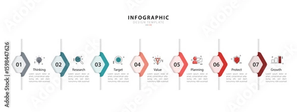 Fototapeta Business infographic template. 7 Step timeline journey. Process diagram, 7 options on white background, Infograph elements, technology, education, modern vector illustration.