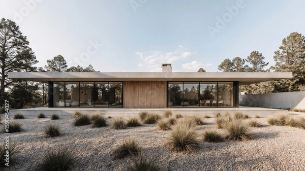Fototapeta Modern minimalist architectural design featuring a flat roof house with large glass windows and wooden paneling set amidst a natural landscape
