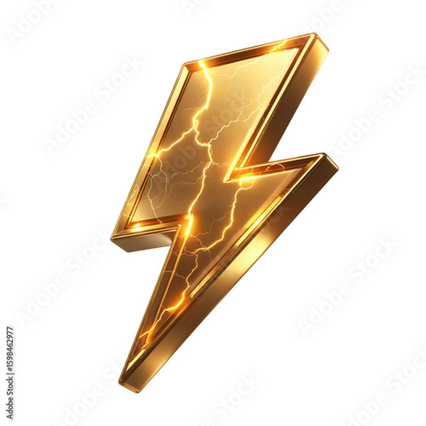 Fototapeta Golden lightning bolt symbol with internal electrical sparks isolated on a transparent background thunderbolt