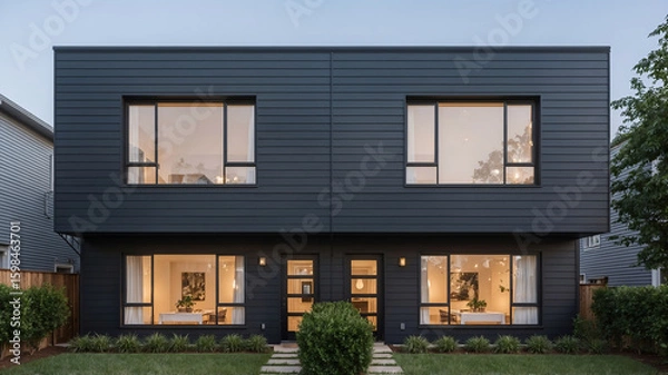 Fototapeta Modern two-story duplex with dark gray exterior and large windows at twilight illustrating contemporary architecture