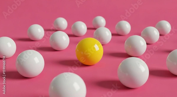 Obraz Unique yellow sphere stands out among white spheres on a pink background