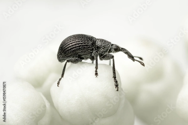 Fototapeta Tiny black weevil standing on the top of an hydrangea flower button with white blurred background