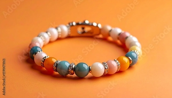 Fototapeta Generated image Colorful beaded bracelet close up on orange background
