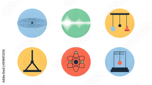 Obraz Physics concepts represented through six distinct scientific icons on a transparent background