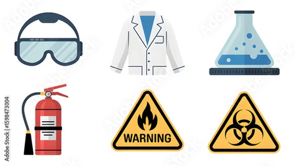 Obraz Science lab safety equipment and hazard warnings displayed, including goggles, coat, extinguisher