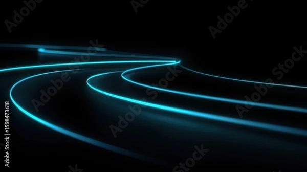 Fototapeta Abstract curves of luminescent turquoise lines create a futuristic design on a dark surface, evoking technology and innovation.