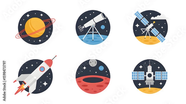 Obraz Illustrative Space Exploration Icons Featuring Planets, Rockets, and Satellites