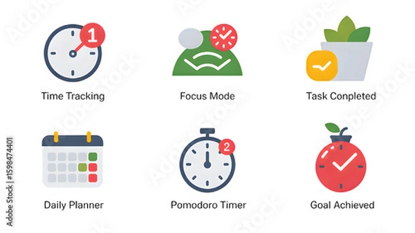 Obraz Time management tools and productivity icons showcasing time tracking and goal achievement