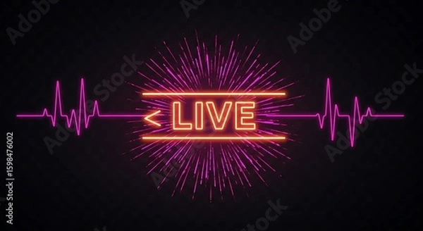 Fototapeta Glowing LIVE badge with radiant pulse waves on a transparent background for streaming platforms